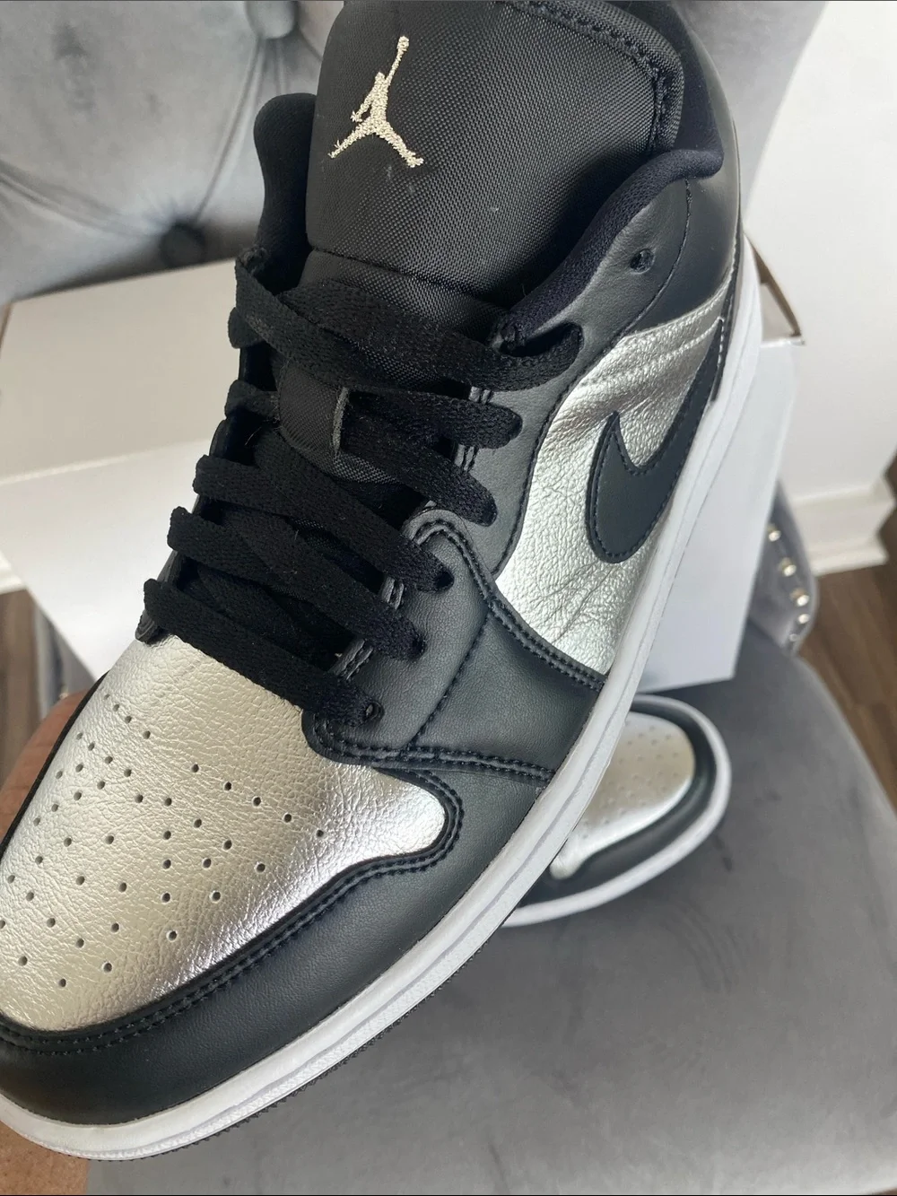 NWT Women’s Jordan 1 Low SE Black and Metallic Silver Low Top Sneakers - Picture 5 of 17
